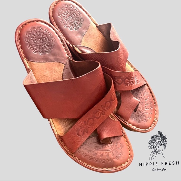 Born Brown Embossed Leather Slip On Platform Sandals S10 - Picture 2 of 7